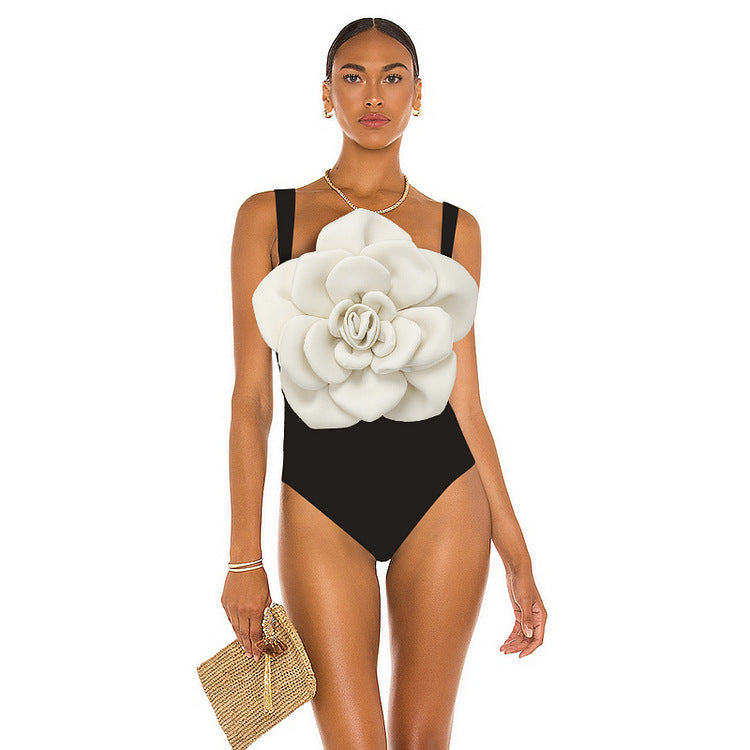 Black and White 3D Large Floral Sleeveless One-Piece Bodycon Swimwear for Women