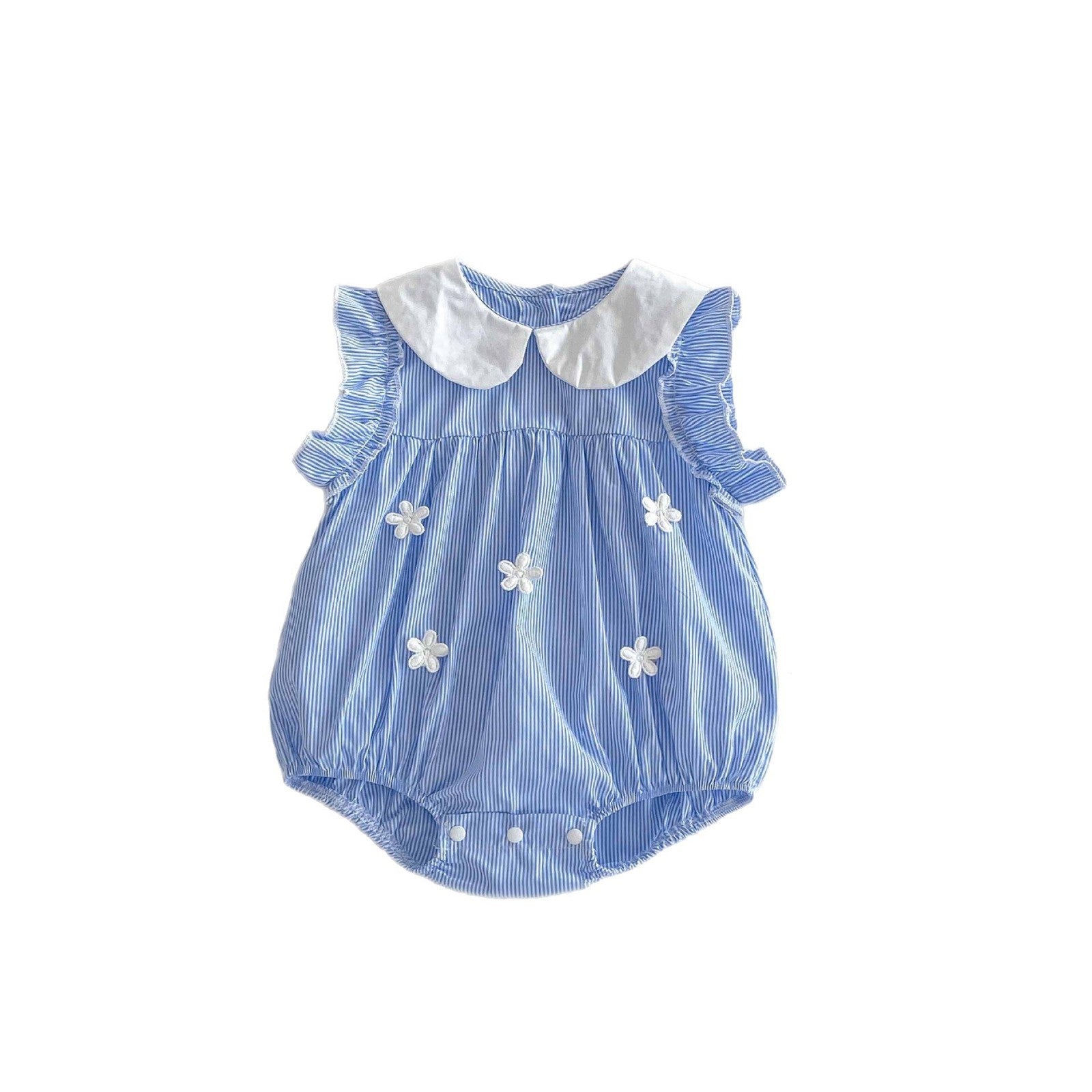 Cotton A-Class Sleeveless Blue and White Striped Fresh Baby Romper for Girls, Sweet Turn-Down Collar Bodysuit Summer Clothing