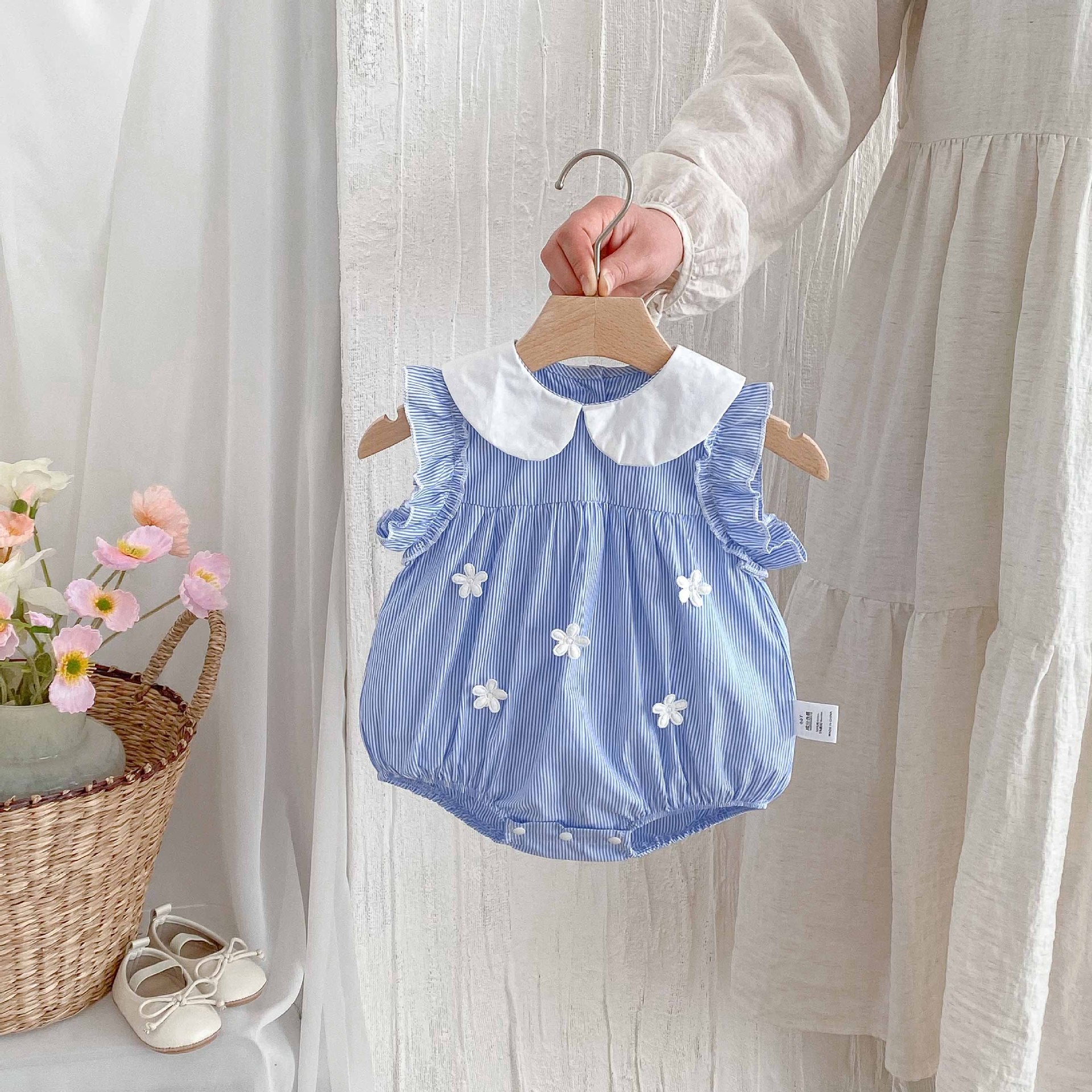 Cotton A-Class Sleeveless Blue and White Striped Fresh Baby Romper for Girls, Sweet Turn-Down Collar Bodysuit Summer Clothing