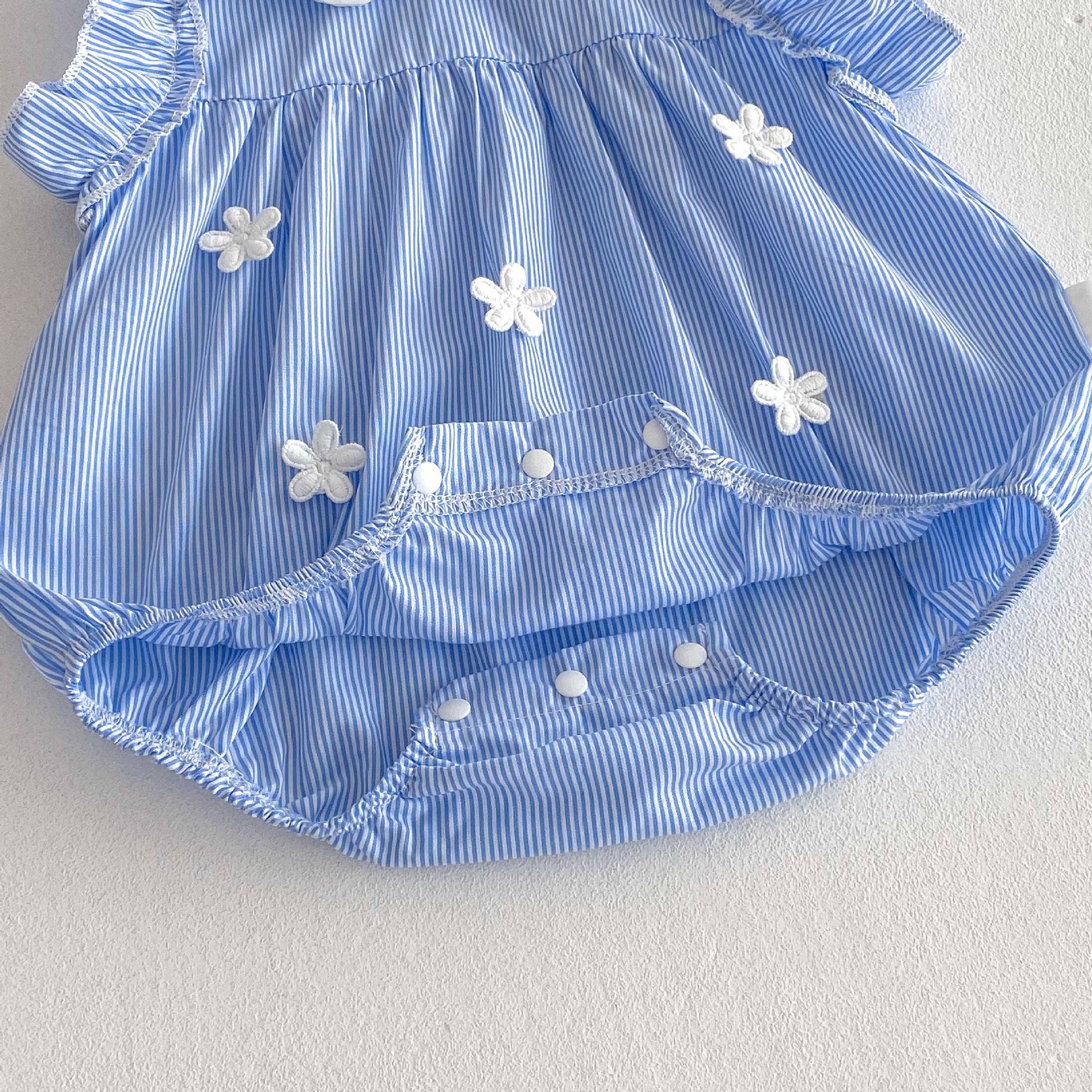 Cotton A-Class Sleeveless Blue and White Striped Fresh Baby Romper for Girls, Sweet Turn-Down Collar Bodysuit Summer Clothing