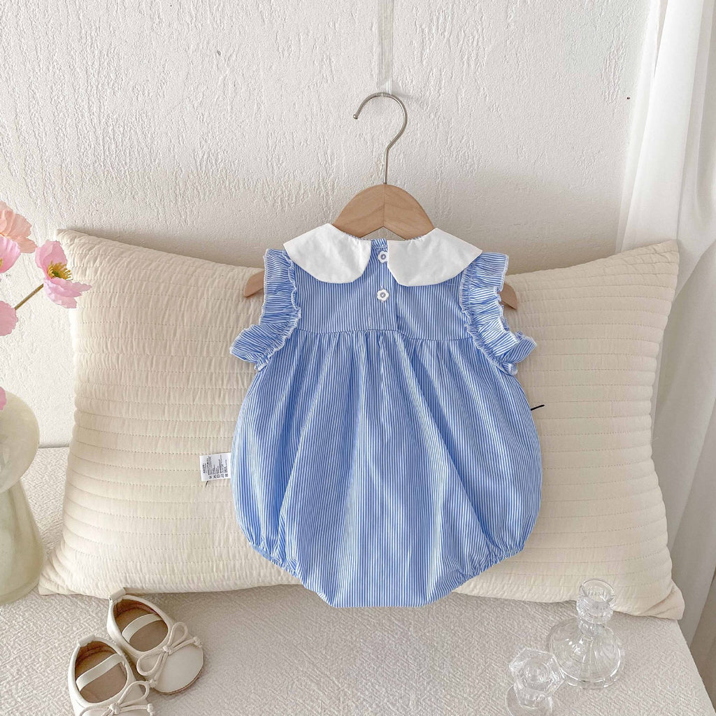 Cotton A-Class Sleeveless Blue and White Striped Fresh Baby Romper for Girls, Sweet Turn-Down Collar Bodysuit Summer Clothing