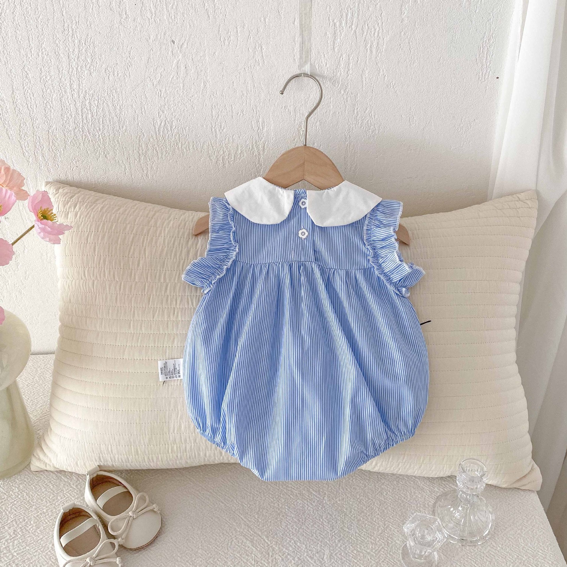 Cotton A-Class Sleeveless Blue and White Striped Fresh Baby Romper for Girls, Sweet Turn-Down Collar Bodysuit Summer Clothing