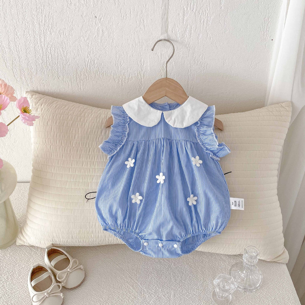 Cotton A-Class Sleeveless Blue and White Striped Fresh Baby Romper for Girls, Sweet Turn-Down Collar Bodysuit Summer Clothing