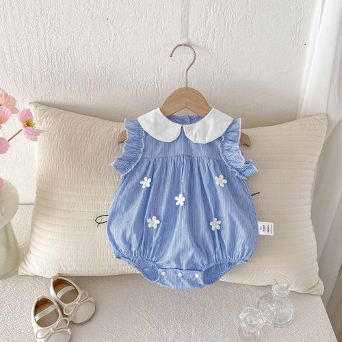 Cotton A-Class Sleeveless Blue and White Striped Fresh Baby Romper for Girls, Sweet Turn-Down Collar Bodysuit Summer Clothing